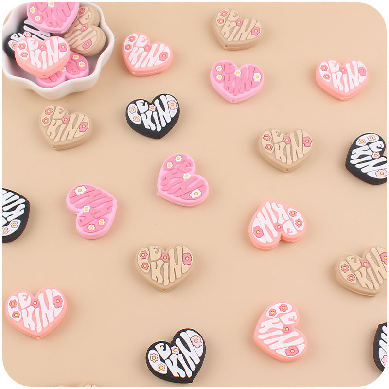 Wholesale 10pcs Heart-shaped BE KIND Silicone Beads ACC-BDS-GuangTian012
