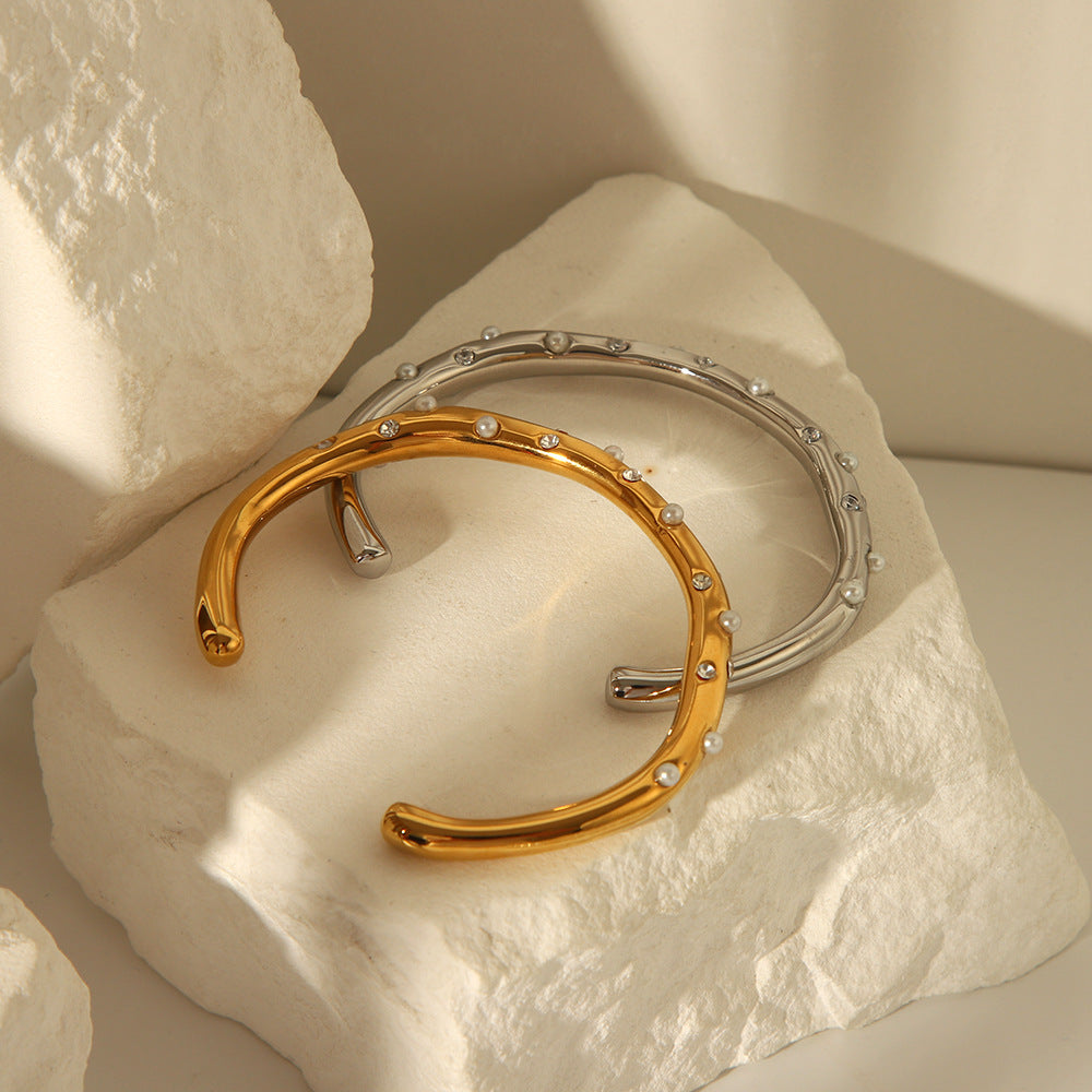 Wholesale Vintage Stainless Steel Bracelets 18K Zircon Pearl Open High Bracelet Luxury Bracelet ACC-BT-ChengBing003