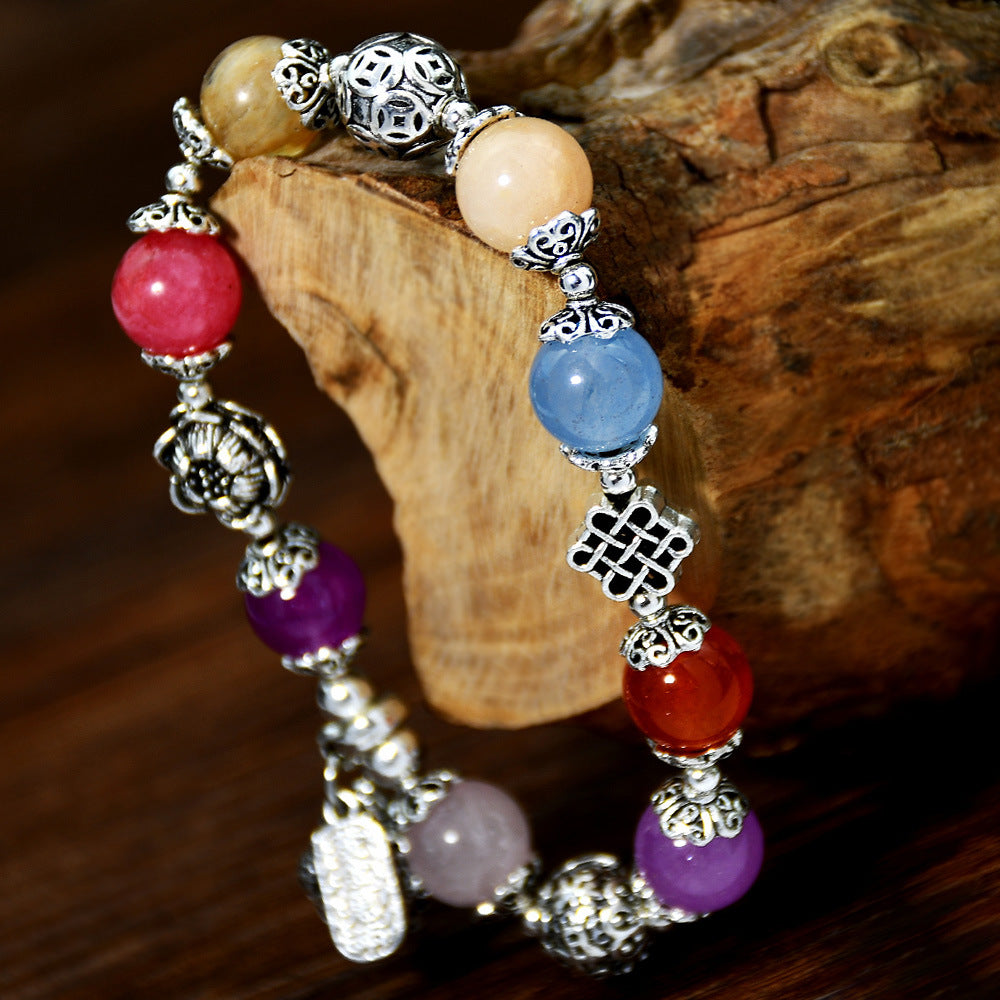 Wholesale Ethnic Elephant Pendant Bracelet,  Colorful Crystal Beads,  Vintage Silver-Tone Women' s Jewelry,  Party Gift,  Boutique Resale