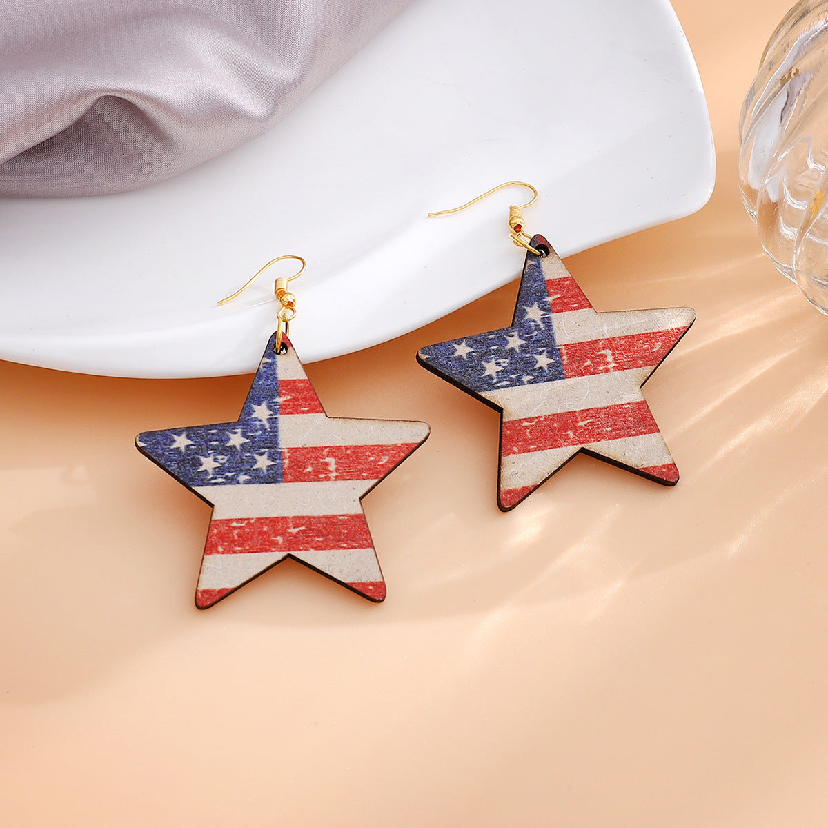 Wholesale of American Independence Day Red, White, Blue Flag, Love Star Hat, Beard, Wooden Double Sided Earrings ACC-ES-ChuLian004