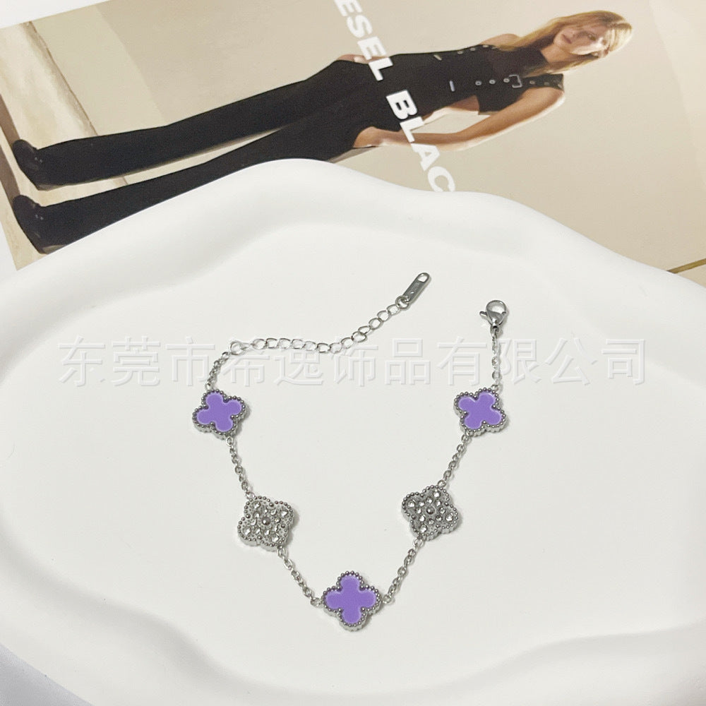 Wholesale Trendy Four-Leaf Clover Rhinestone Bracelet Titanium Steel Jewelry for Office Ladies Everyday Wear Gift