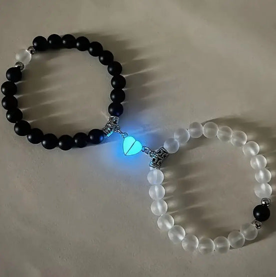 Wholesale Frosted Glass Beads Heart Shape Luminous Magnet Bracelet