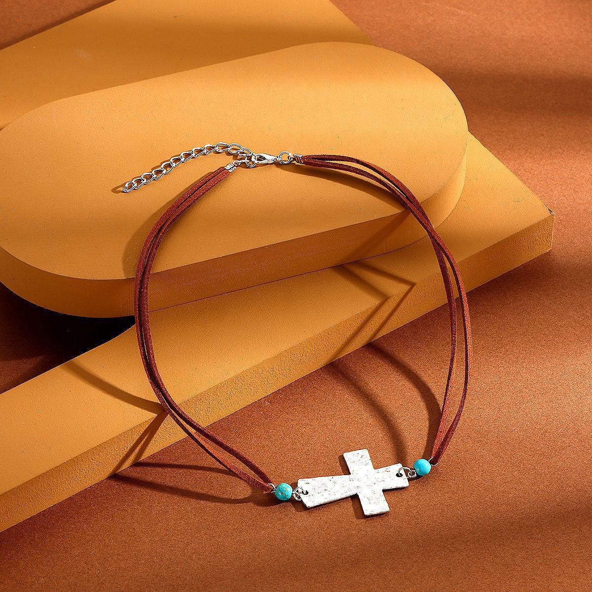 Wholesale Turquoise Necklace Ethnic Style Cross Autumn and Winter Melard Layered Fashion Retro Necklace