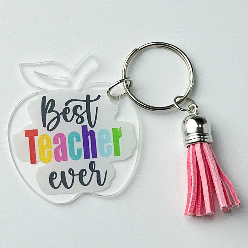 Wholesale of 2pcs/pack Teacher Gifts, Thank-you Text, Apple, Sunflower, Tassels Acrylic Keychain ACC-KC-HY012