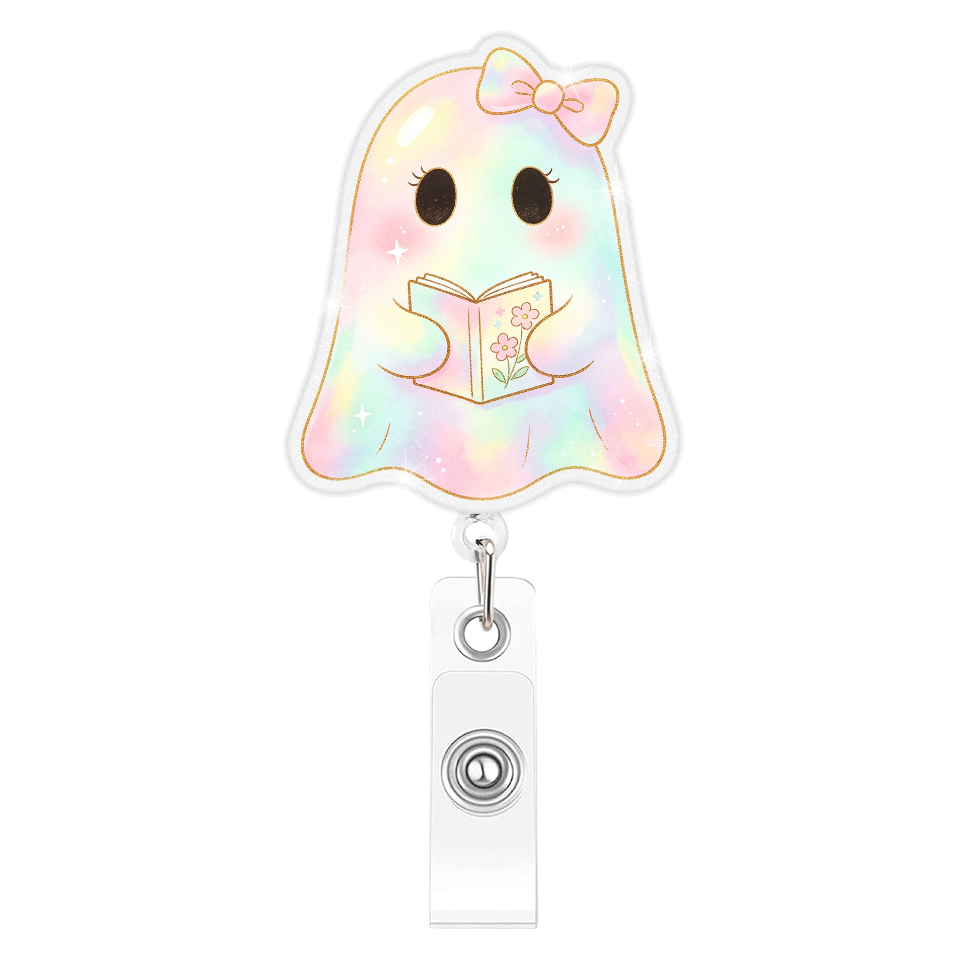 Wholesale Trendy Glitter Boo Ghost Retractable Badge Reel Plastic Car Key Accessory With Gradient Finish Decorative Party Gift