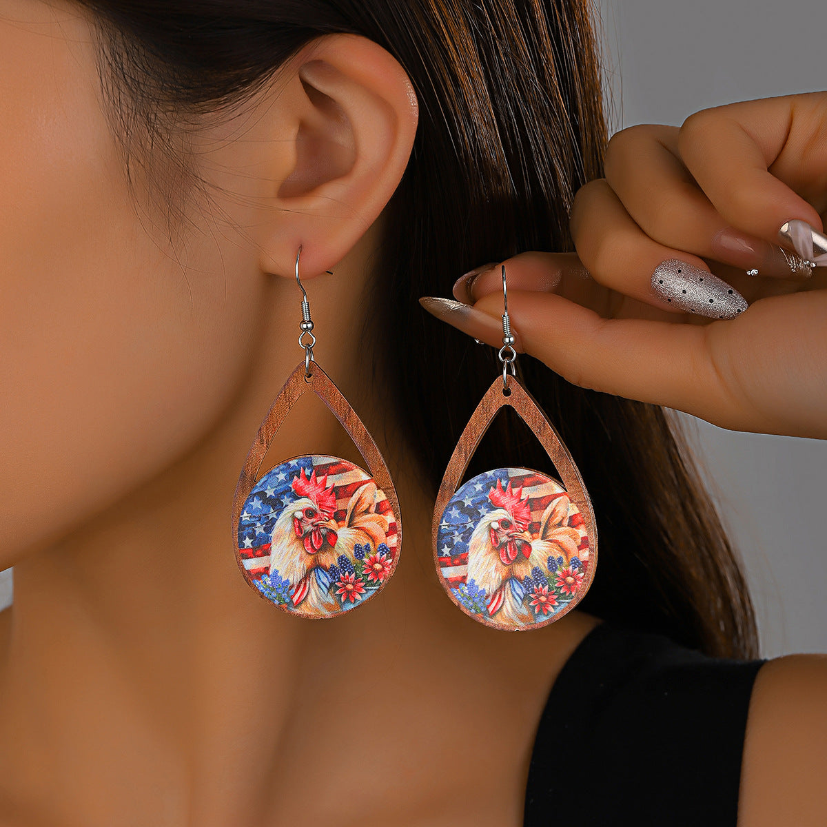 Wholesale  US Independence Day Element Wooden Water Drop Earrings