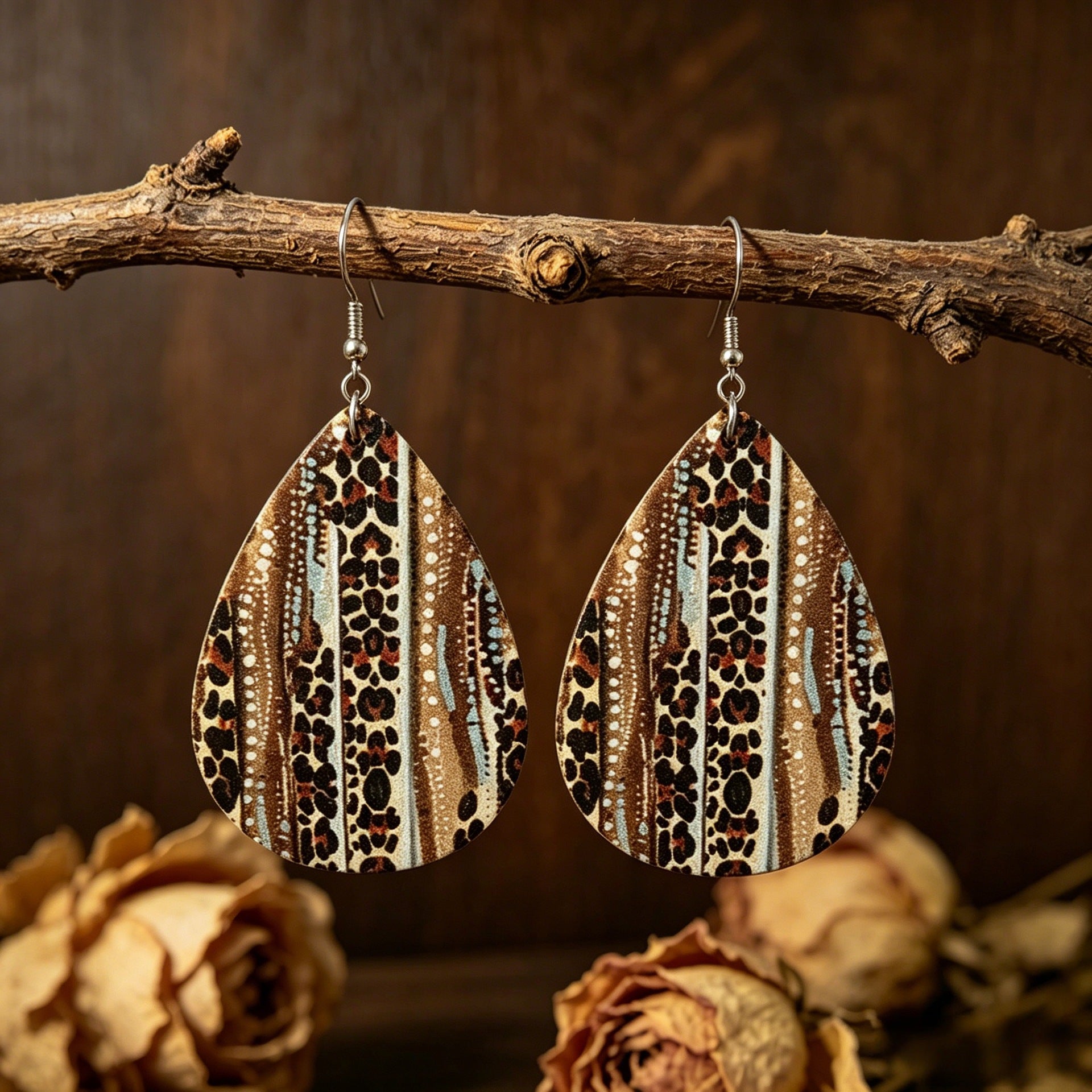 Wholesale Leather Western Cowboy Leopard Print Teardrop Earrings Retro Fashion Accessory
