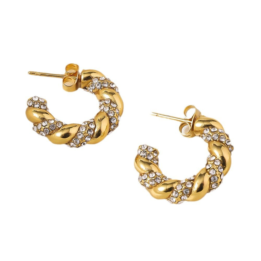 Wholesale Titanium Steel earrings 18K gold diamond twist C- shaped  earrings