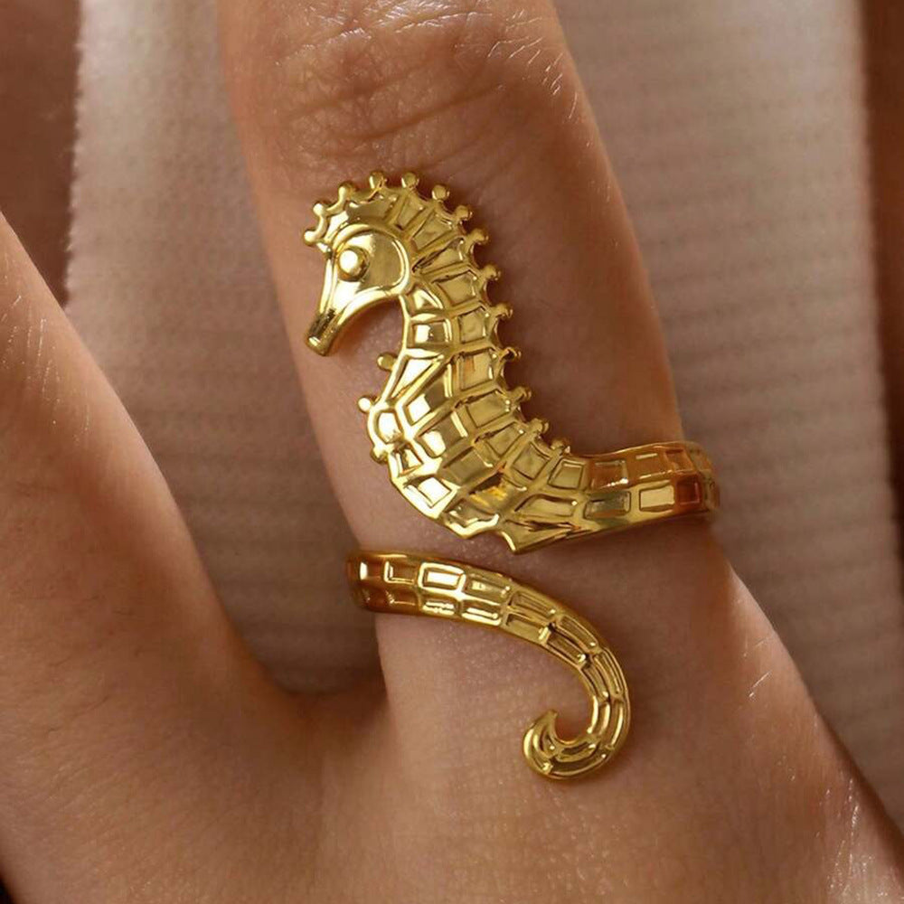 Wholesale Stainless Steel Seahorse Ring Ocean Resort Style Trendy Jewelry Accessory