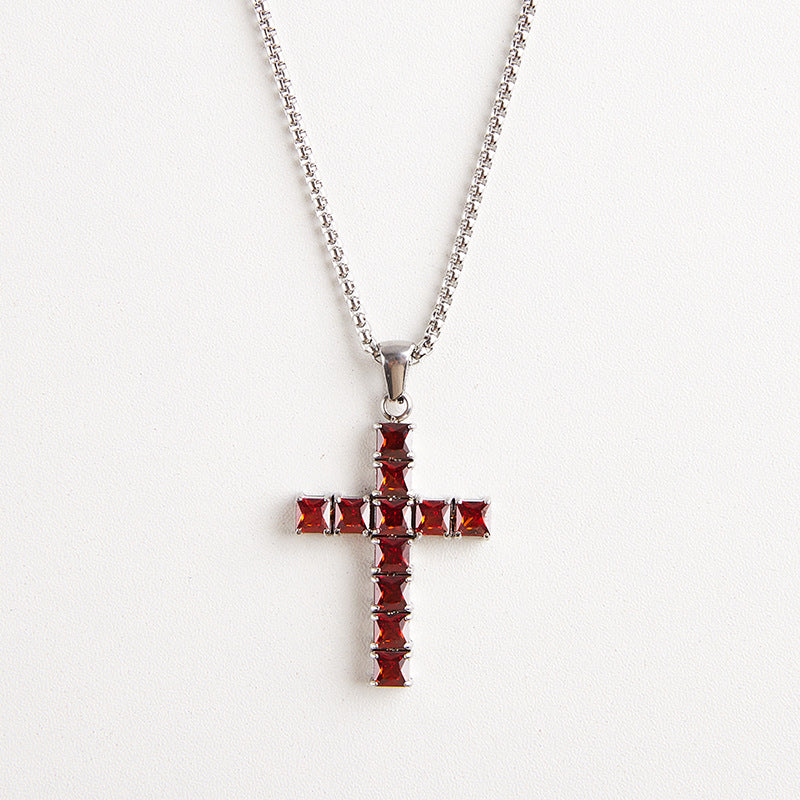 Wholesale Titanium Steel Square Cross Zircon Pendant Necklace