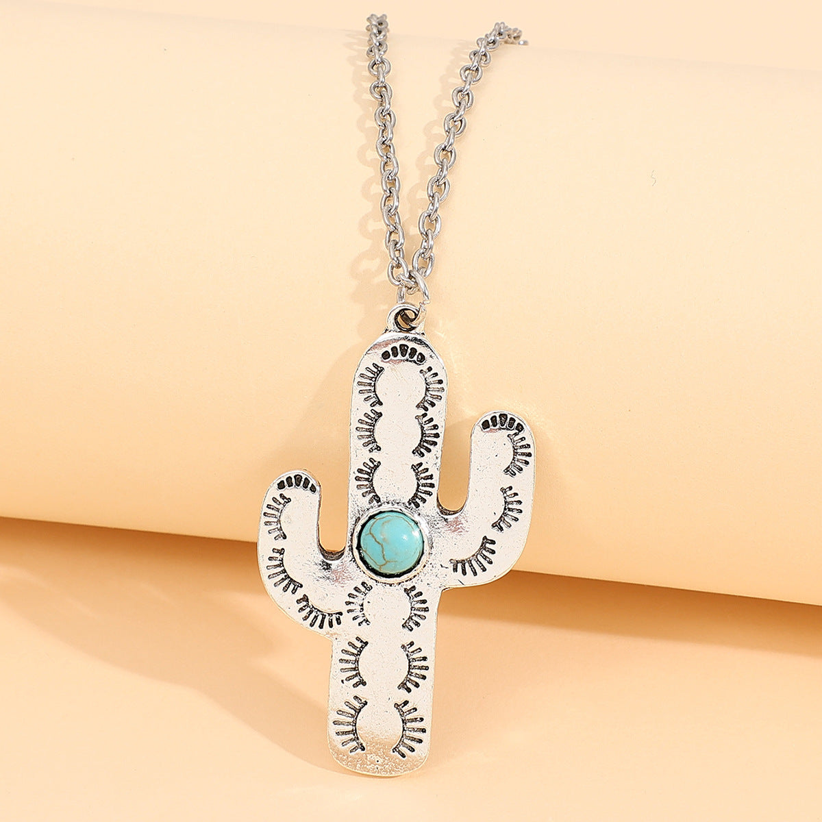 Wholesale Cactus Turquoise Bohemian Pendant Necklace Silver Tone Collarbone Chain Fashion Jewelry Gift