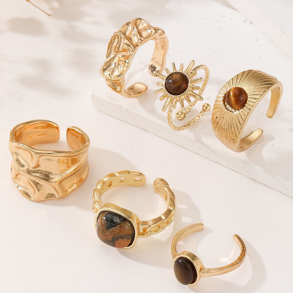 Wholesale Vintage Adjustable Natural Stone Ring Set 6 Piece Gold Tone Alloy Geometric Jewelry Accessory For Women