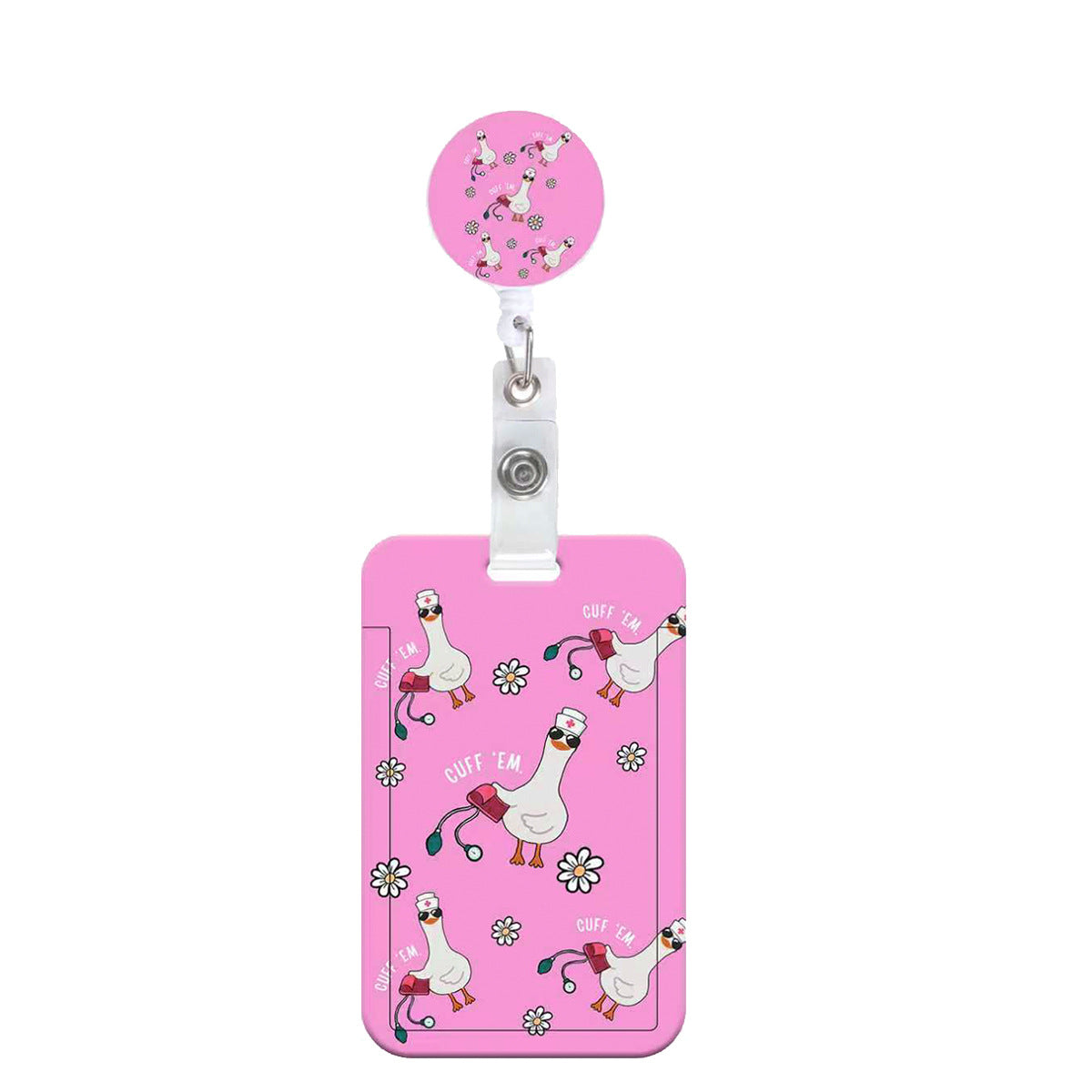 Wholesale Cross-border hot-selling retractable easy-pull buckle,  fun white goose UV printed name tag/ card holder,  polyester lanyard,  medical name tag buckle,  in stock.