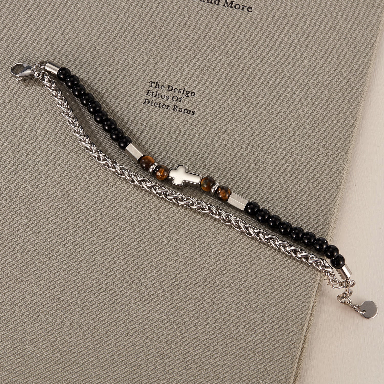 Wholesale Stainless Steel Bracelet Personalized Hip Hop Trendy Cross Double Layer Stacked Tiger Eye Bracelet