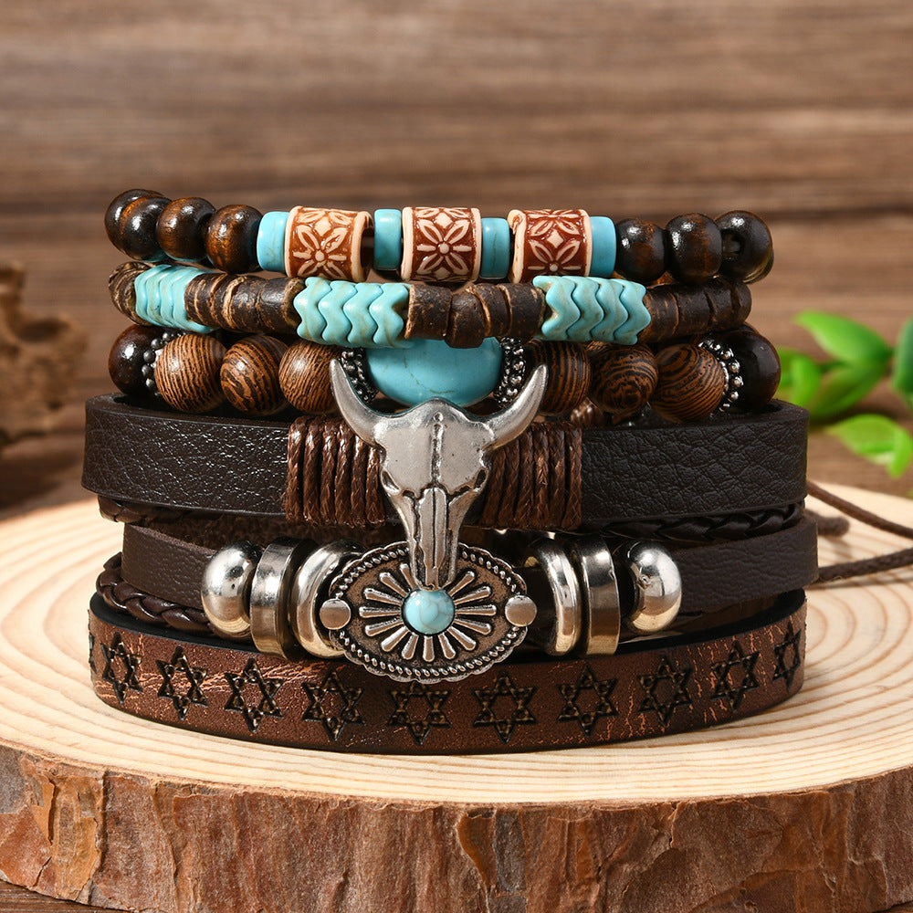 Wholesale Retro Handmade Leather Bracelet Set - 6 Piece Bohemian Fashion Accessory for Everyday Wear