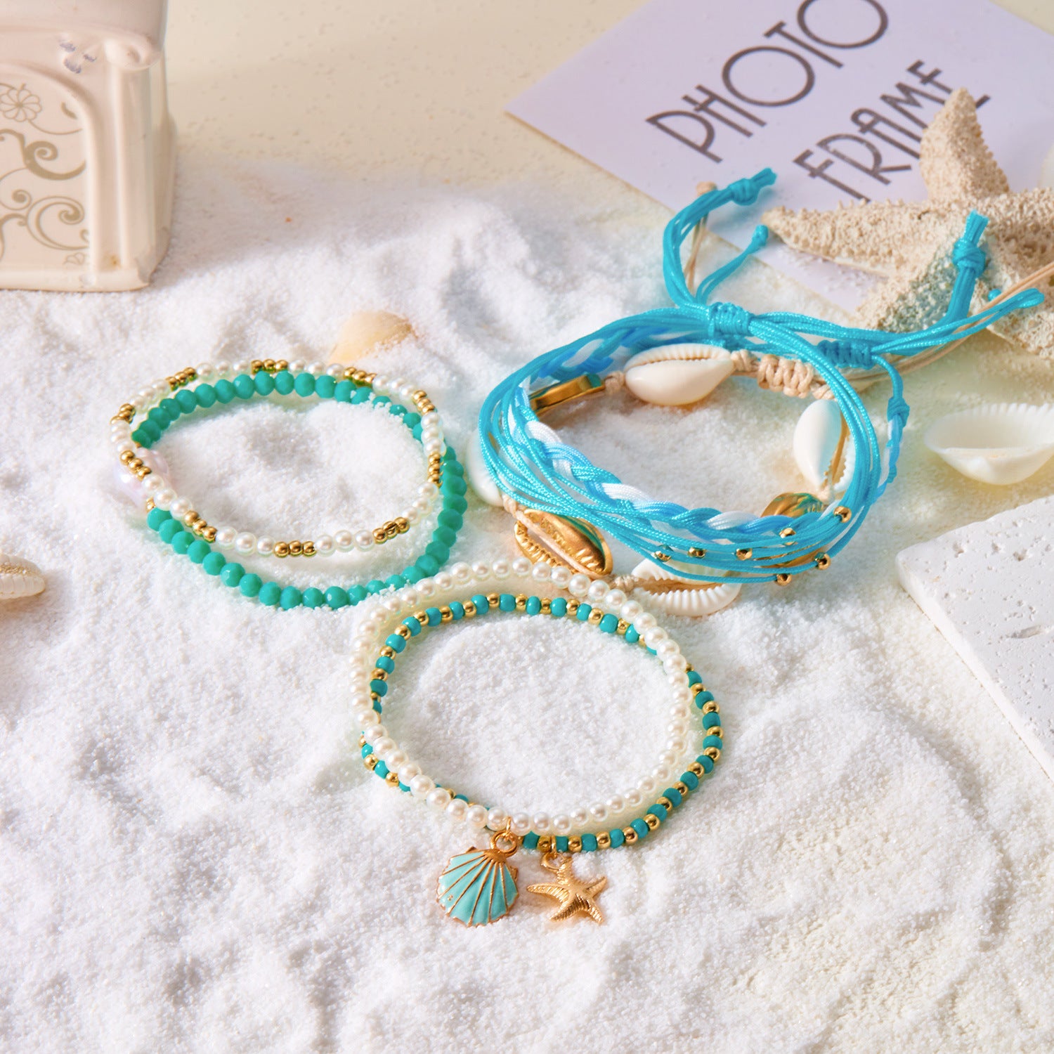 Wholesale Bohemian  Starfish Blue Bead Bracelet suit