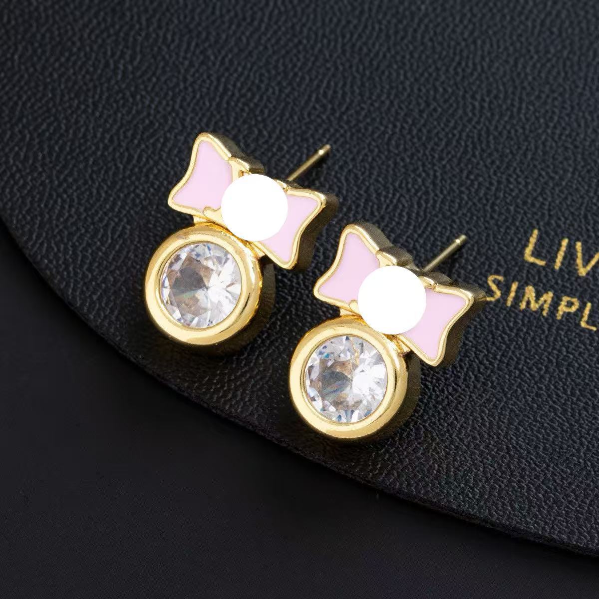 Wholesale French Chic Colorful Zircon Bow Earrings Gold Blue Gold Plated Copper Jewelry Accessory Trendy Party Gift