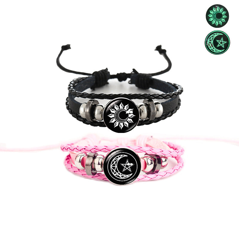 Wholesale Sun and Moon Lovers Leather Vintage Punk Multi-layer Braided Bracelet Layered Bracelet Set