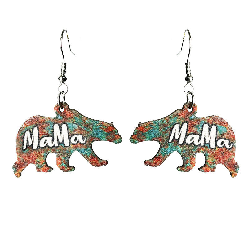 Wholesale 2 pairs/pack Mother's Day MAMA Bear Retro Distressed Wooden Earrings ACC-ES-HY003