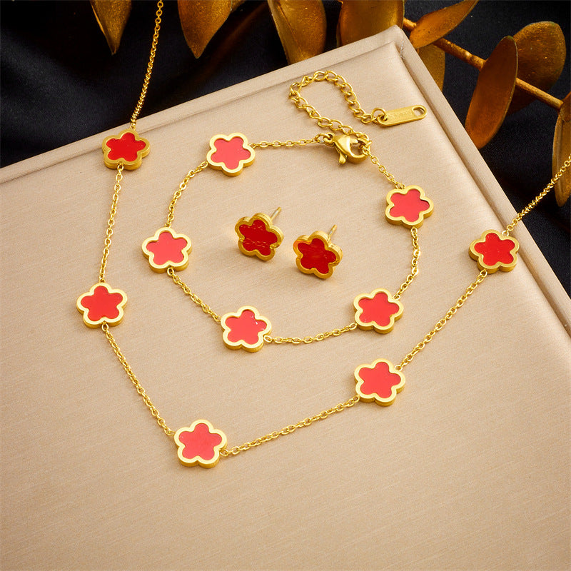 Wholesale Five Petal Flower Stainless Steel Gold Plated Earrings Bracelet Necklace Set ACCVIP-NE-QianYue001