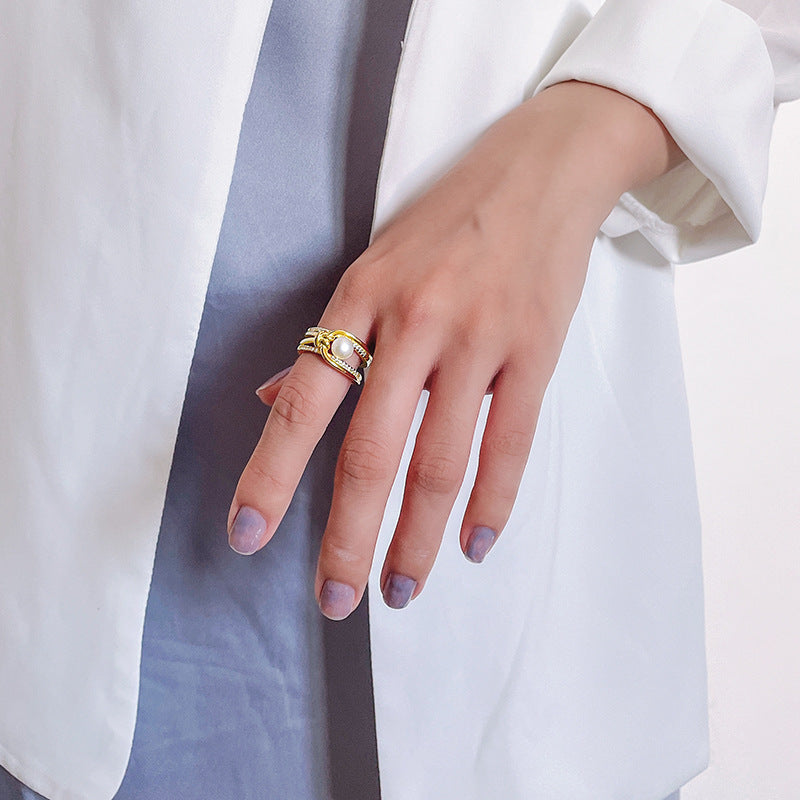 Wholesale S925 Silver Pearl Hollow Adjustable Ring