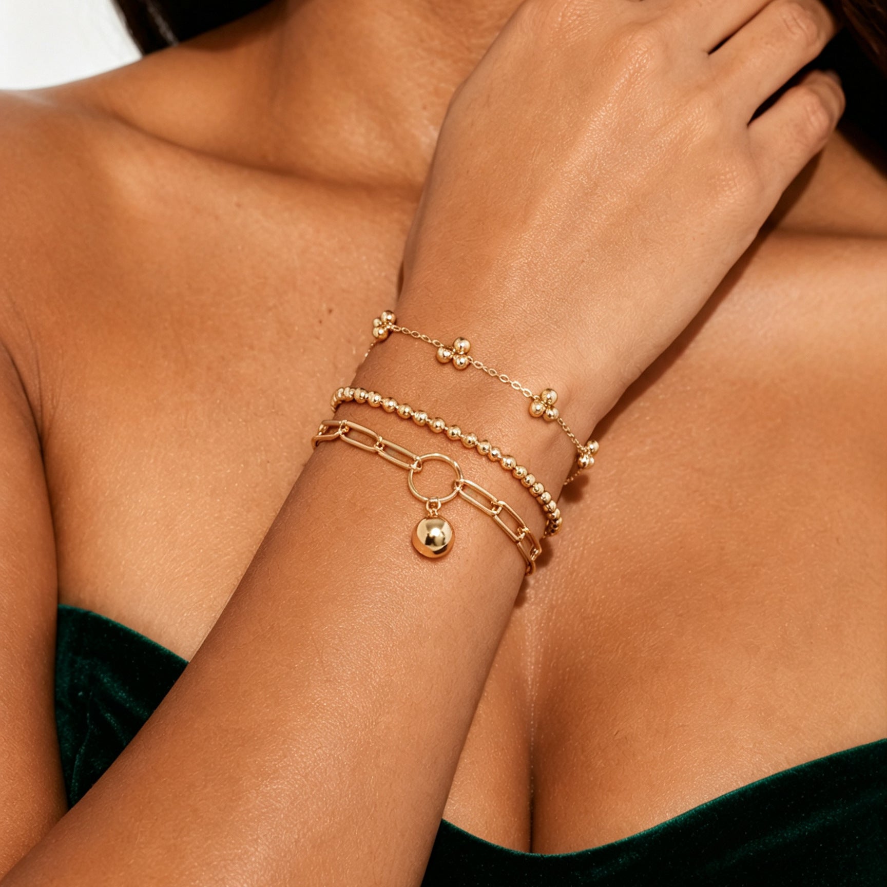 Wholesale Punk Hip Hop Geometric Bead Chain Bracelet Zinc Alloy Gold Tone Women S Everyday Fashion Jewelry Accessory