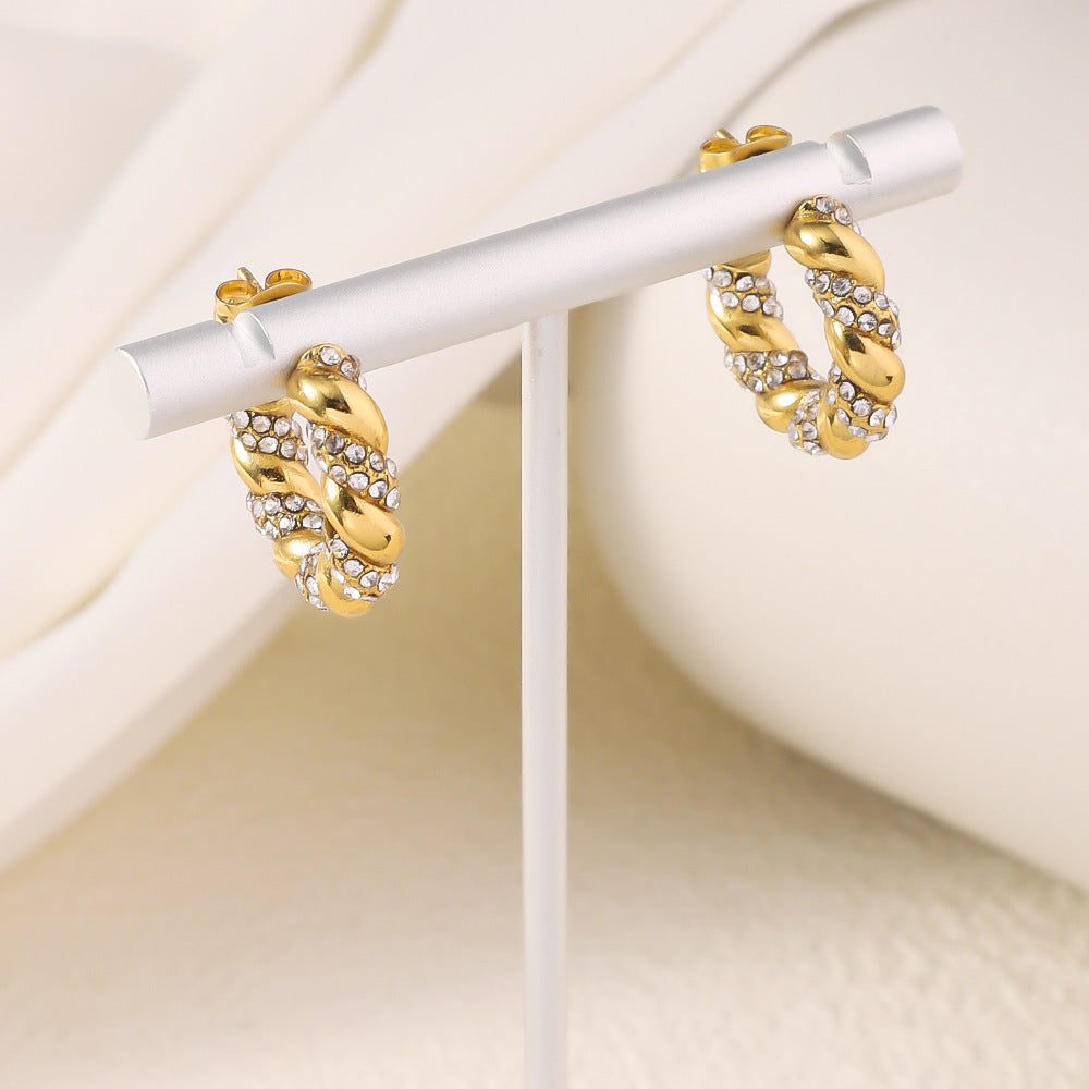 Wholesale Titanium Steel earrings 18K gold diamond twist C- shaped  earrings