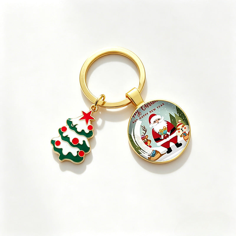 Wholesale Christmas Themed Metal Keychain Pendant With Epoxy Print Decorative Car Key Accessory Gift For Boutique Resale