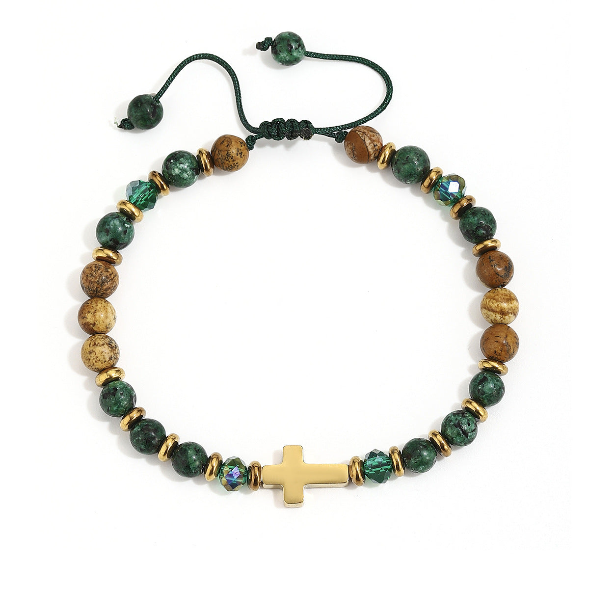 Wholesale Natural Stone Bracelet With Heart Cross Pendants Gold Stainless Steel Beaded Adjustable Unisex Jewelry