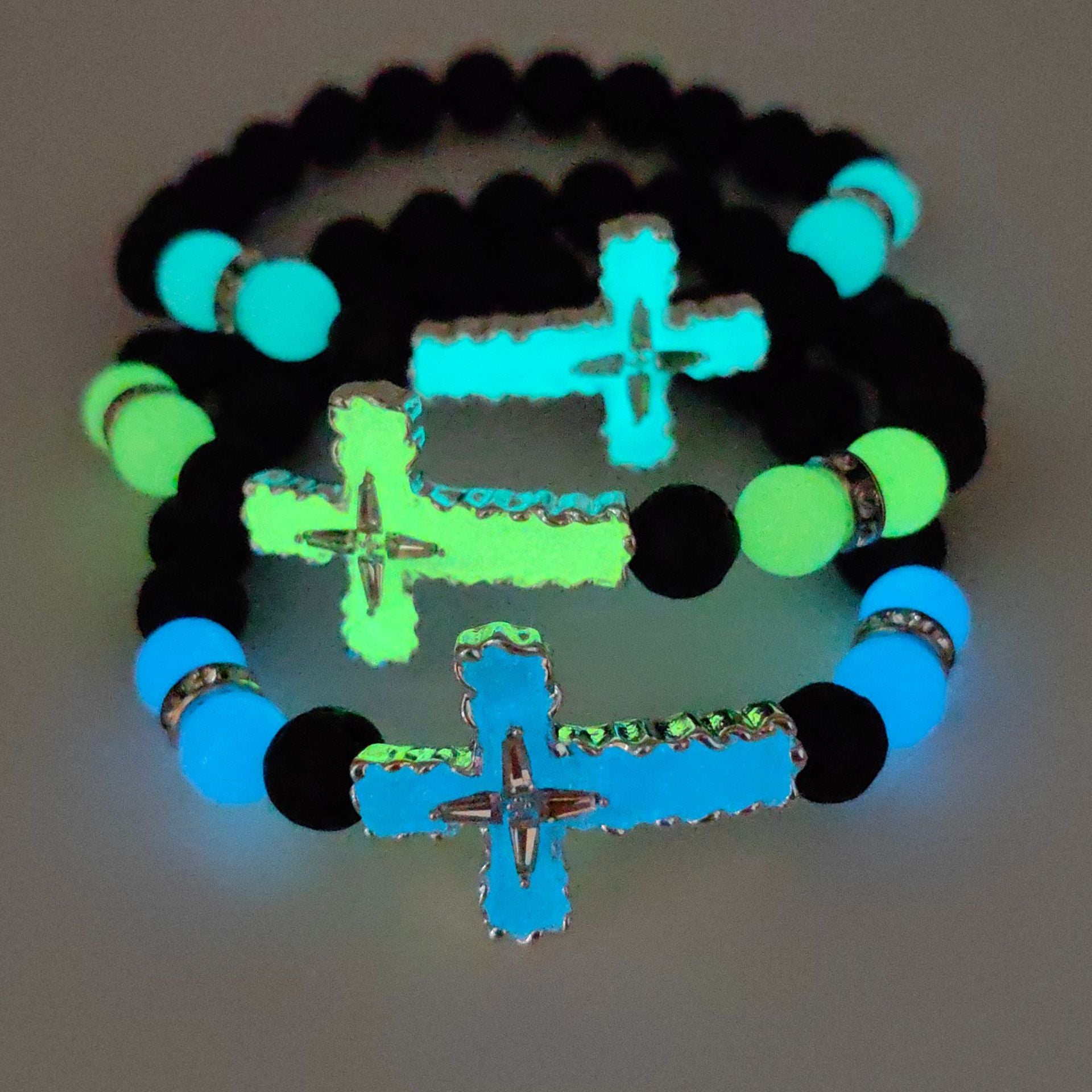 Wholesale Cross Luminous Alloy Diamond 8MM Volcanic Stone Bracelet ACC-BT-FanYou009