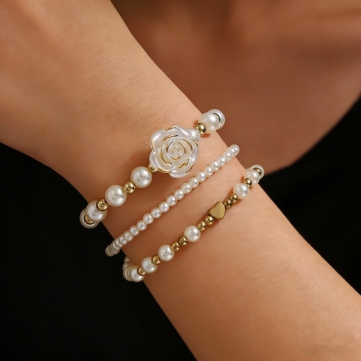 Wholesale Pearl 3 Piece Women S Heart Flower Elastic Stacking Bracelet Set Fashion Accessory Gift For Everyday Wear