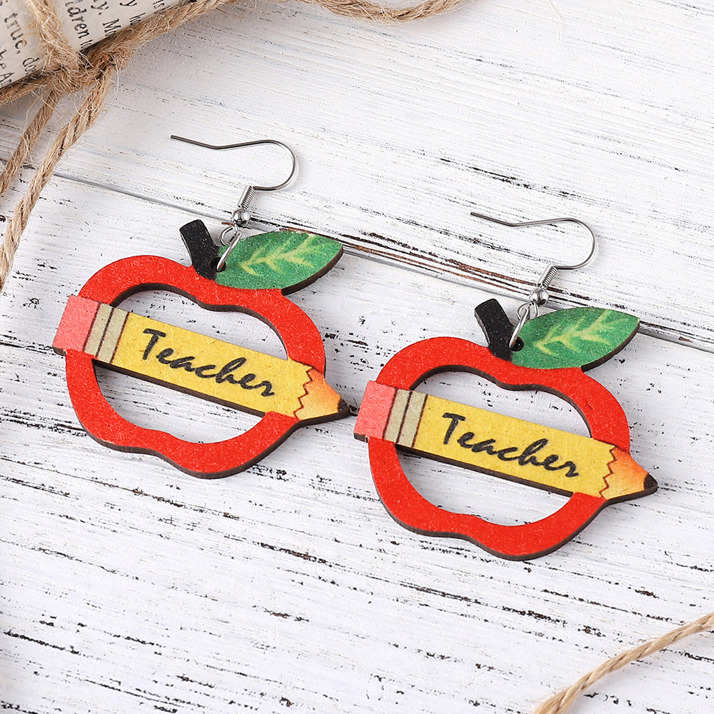 Wholesale pencil apple teacher double sided wooden earrings