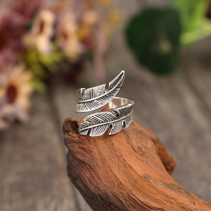 Wholesale Bohemian retro style feather shape open alloy ring