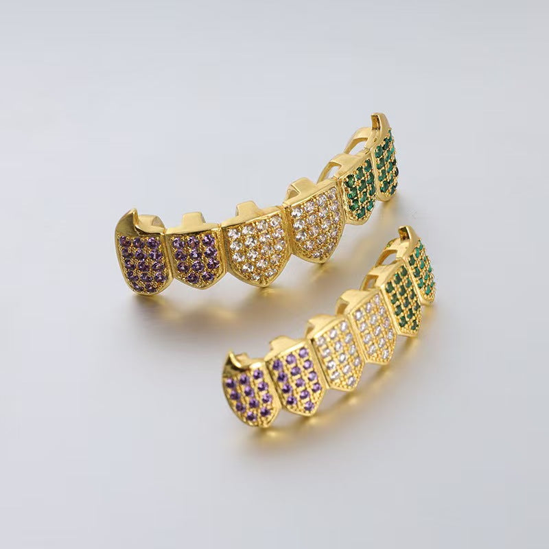 Wholesale Modern Hip-Hop Tooth Grills Gold Plated Alloy Colorful Zirconia Fashion Accessory for Resale