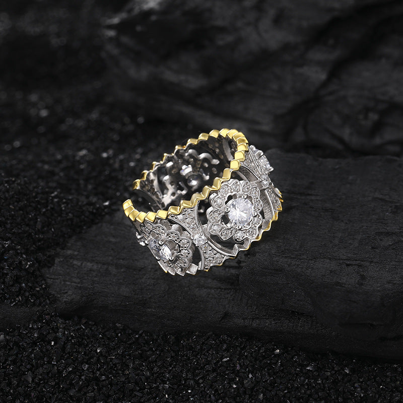 Wholesale s925 Sterling Silver Gold Full Diamond Petal Ring