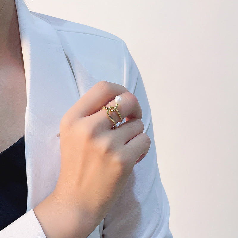 Wholesale S925 Silver Pearl Ring  Geometric Open Line Adjustable Rings