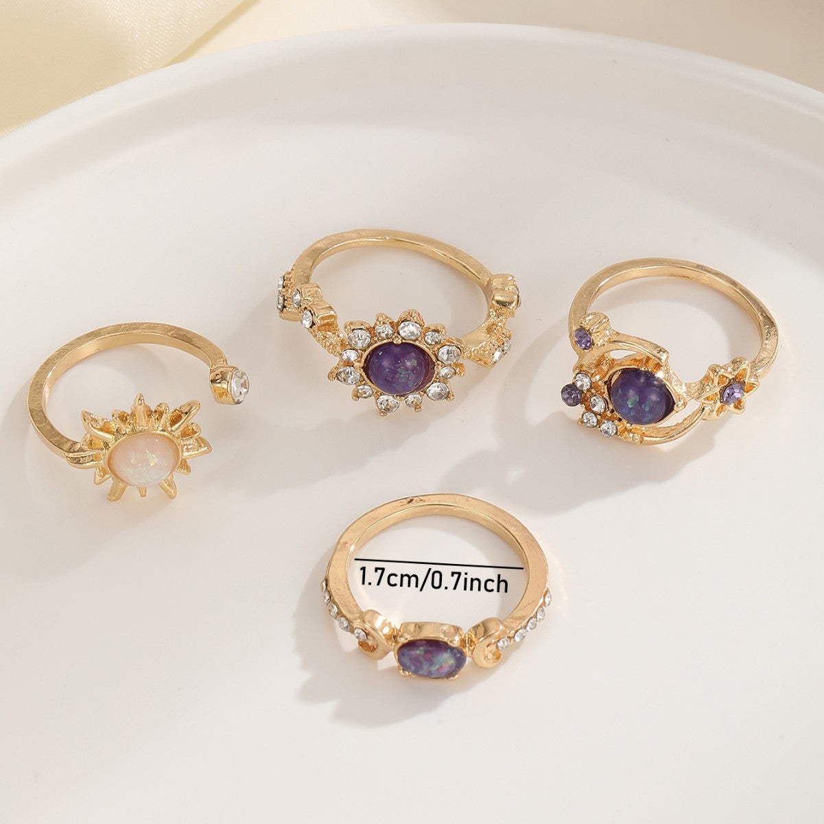 Wholesale Vintage Purple Gemstone Geometric Ring Set For Women Gold Tone Alloy 4 Pieces Chic Everyday Jewelry Accessory