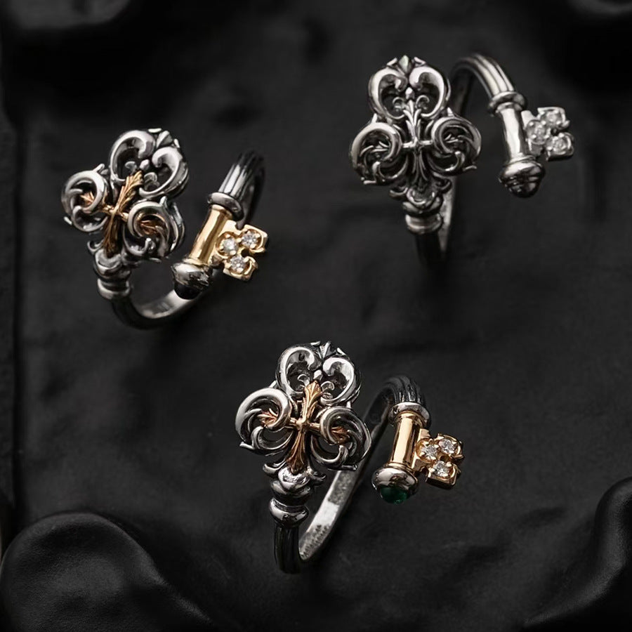Wholesale Zinc Alloy Electroplated Vintage Petal Key and Cross Design Open Ring Trendy Jewelry Accessory for Gift and Resale