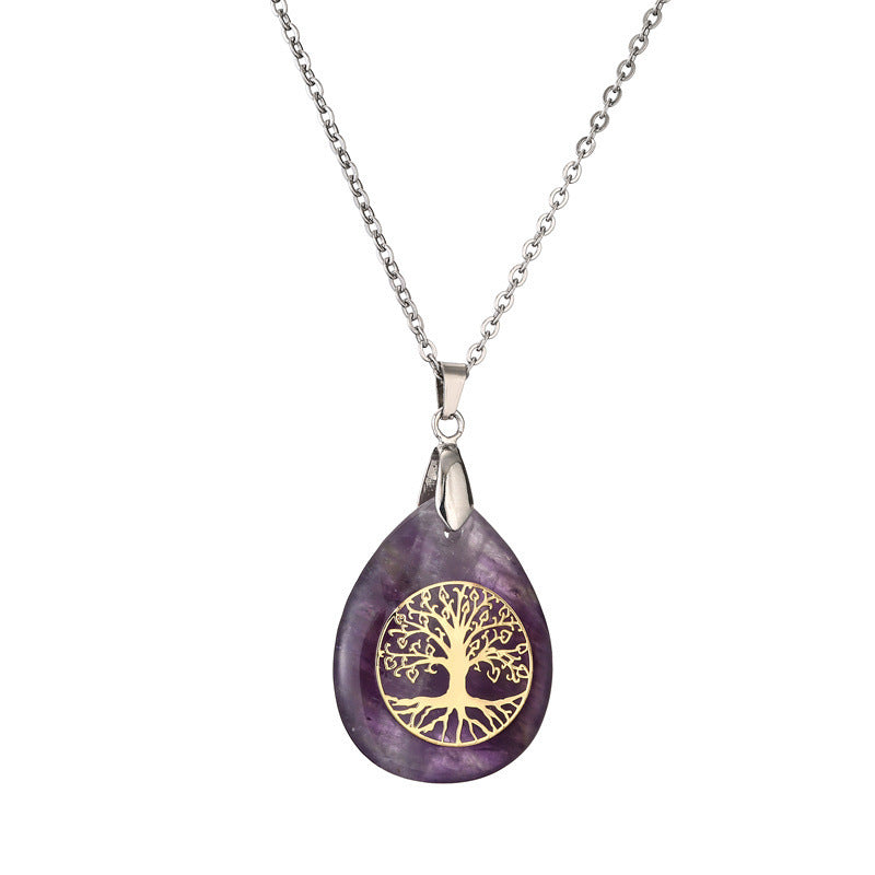 Wholesale Tree of Life Water Drop Pendant Necklace Crystal Semi Precious Stone Necklace Stainless Steel ACC-NE-Changx002