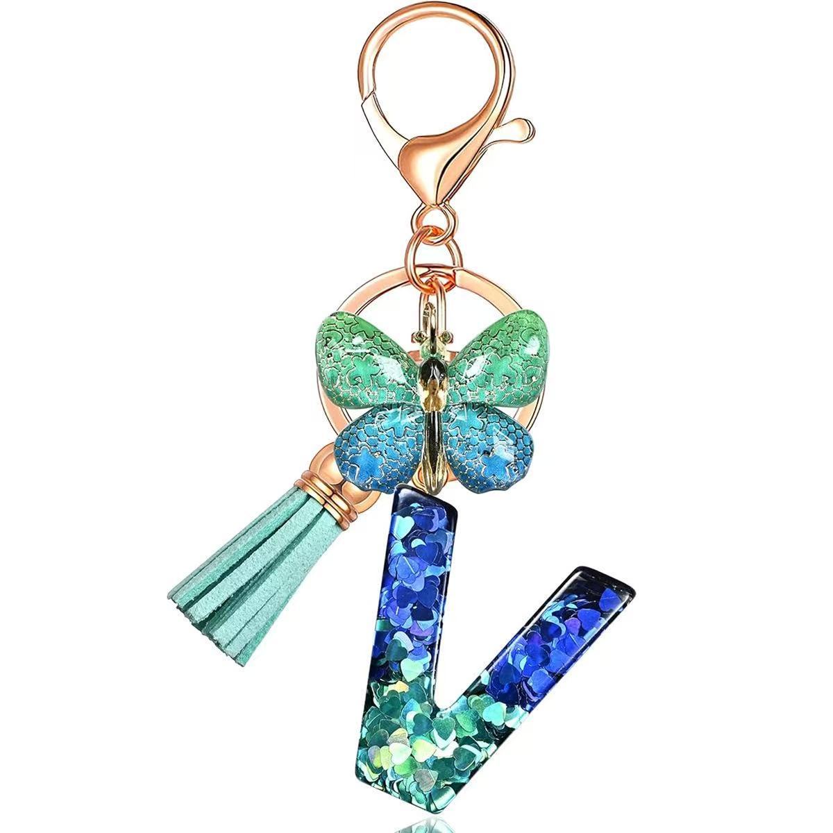 Wholesale Resin Alphabet Keychain With Butterfly Tassel Blue Gradient Vacation Style Fashion Accessory For Bags And Keys