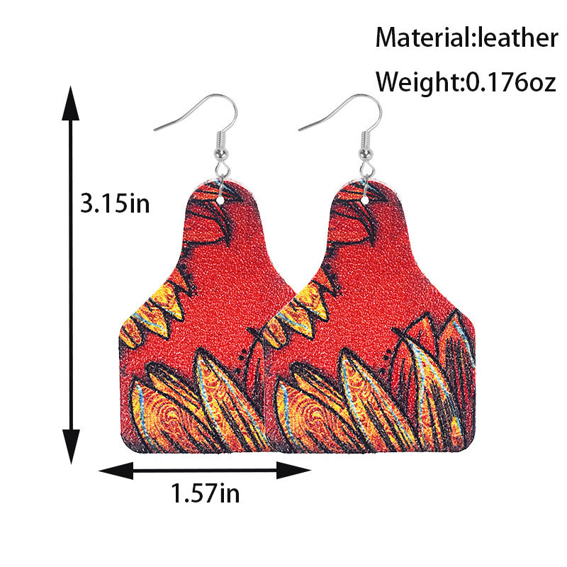 Wholesale Retro Western Cowboy Old Style Flower Bull Head Ethnic Style Print Leather Earrings