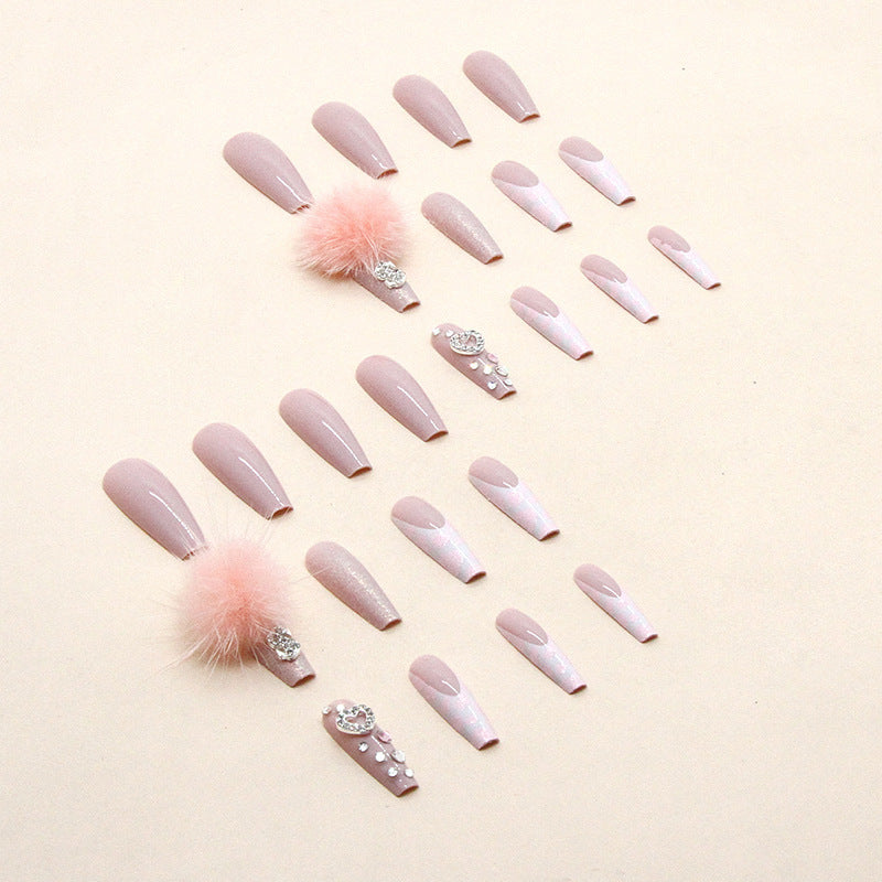 Wholesale 24 Pieces/box Pink Fur Ball Diamond Love Manicure Press-on Nails Kits Ballet Nail Stickers ACC-NS-SanWei001