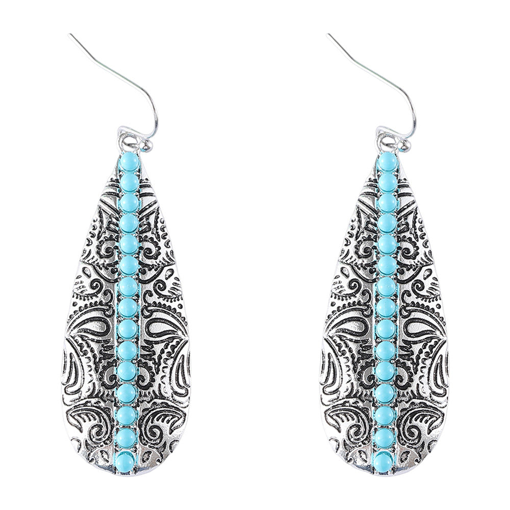 Wholesale  Bohemian Inlaid Turquoise Printed Water Drop  Earrings