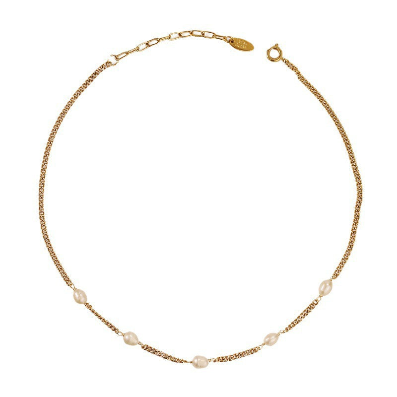 Wholesale Titanium Steel Gold Plated Natural Freshwater Pearl Choker Necklace Chic Everyday Jewelry For Women