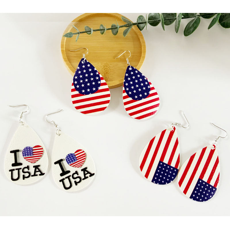 Wholesale American Independence Day Teardrop Shaped PU Leather Earrings ACC-ES-YiYuan005