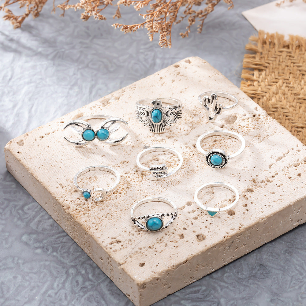 Wholesale Vintage Turquoise Eagle Cactus Moon Arrow 8-Piece Ring Set