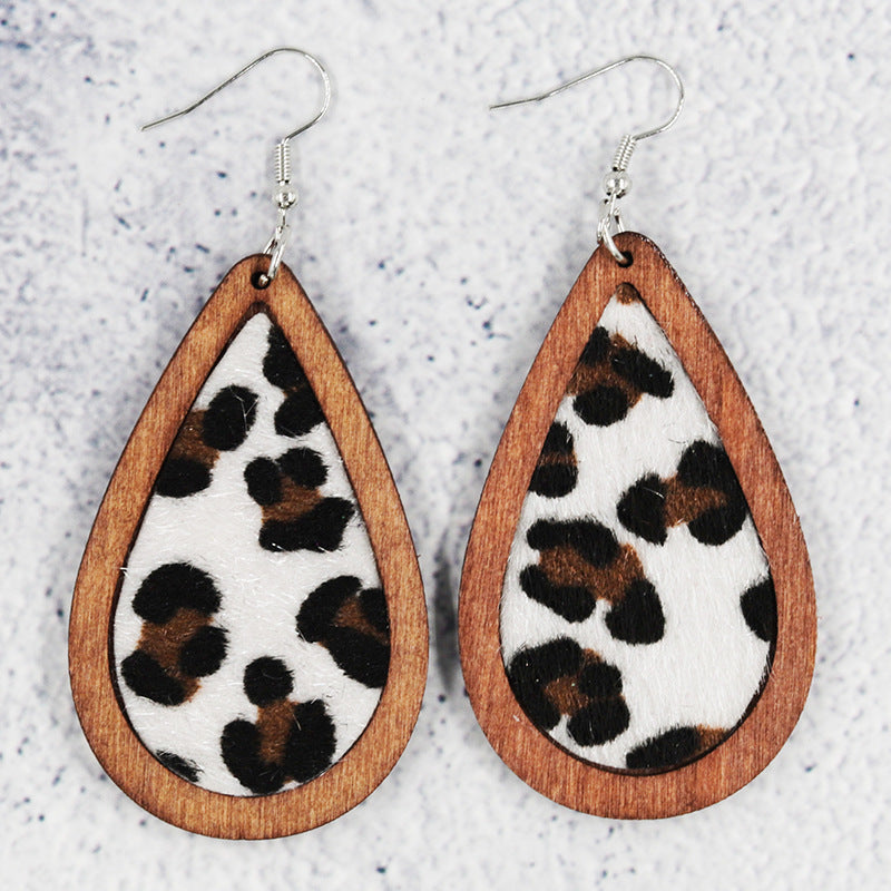 Wholesale  wooden earrings inlaid plush leather drop-shaped cow leopard print earrings