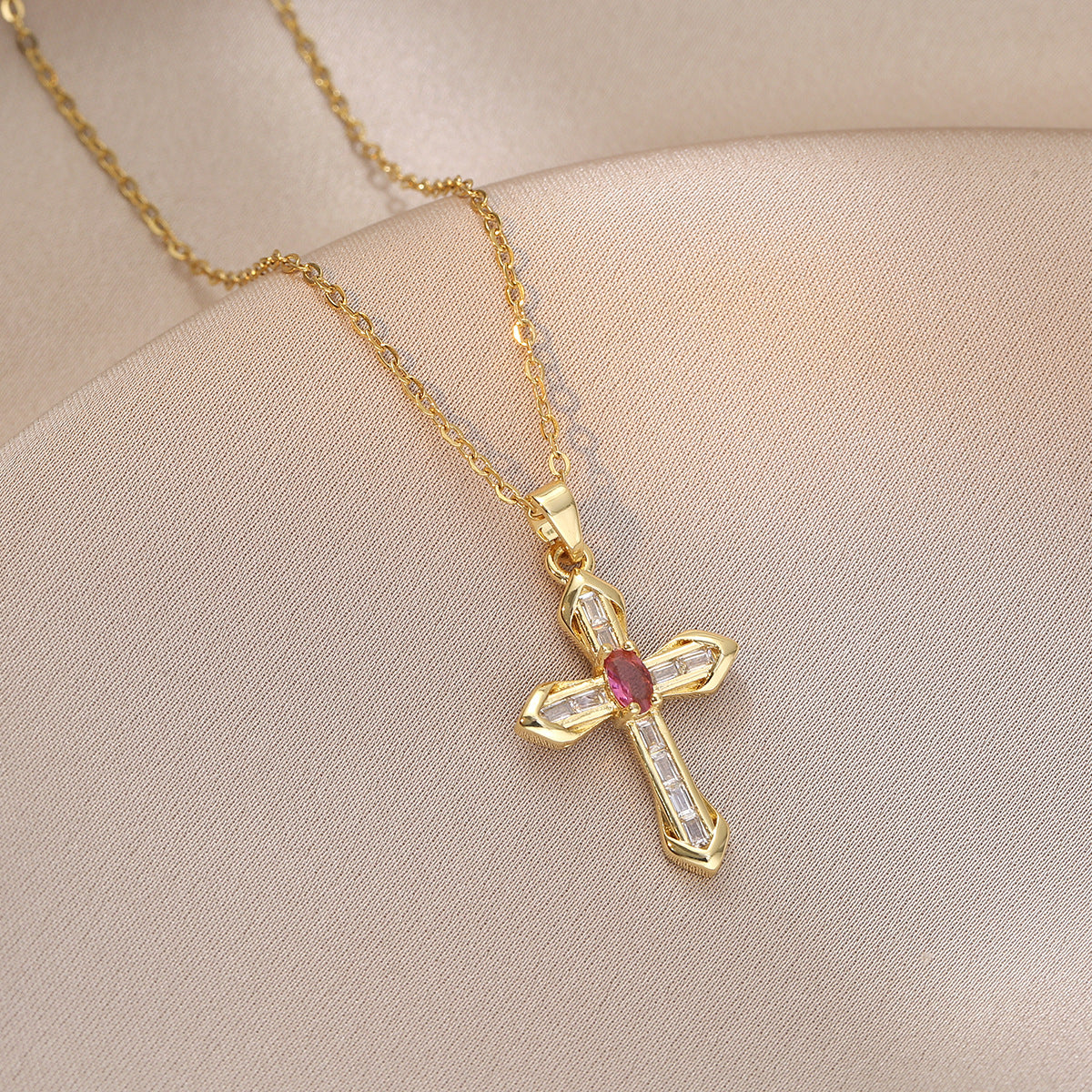 Wholesale Stylish Colorful Zircon Cross Necklace Copper Electroplated Fashion Accessory For Women Party Gift