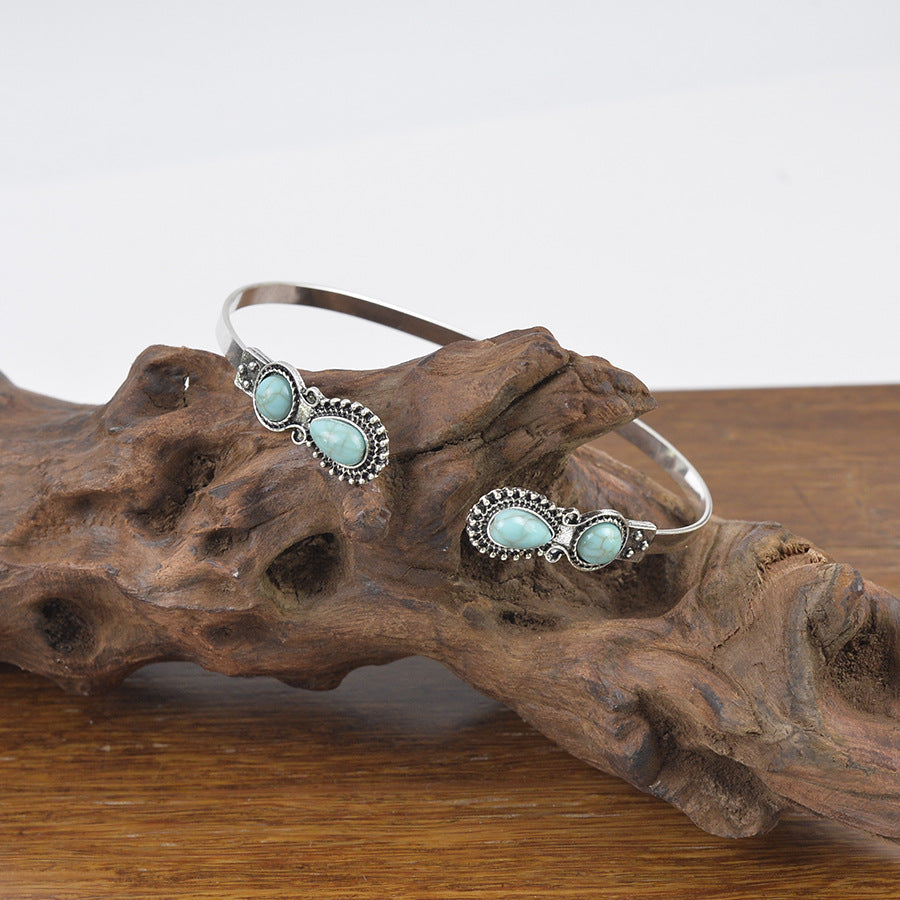 Wholesale Adjustable Electroplated Turquoise-inlaid Vintage Bohemian Style Open Bracelet