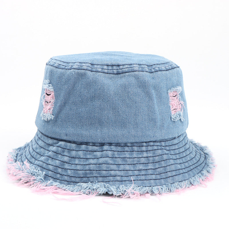 Wholesale  Colorful Ripped Edge Denim Fisherman Hat Bucket Hat